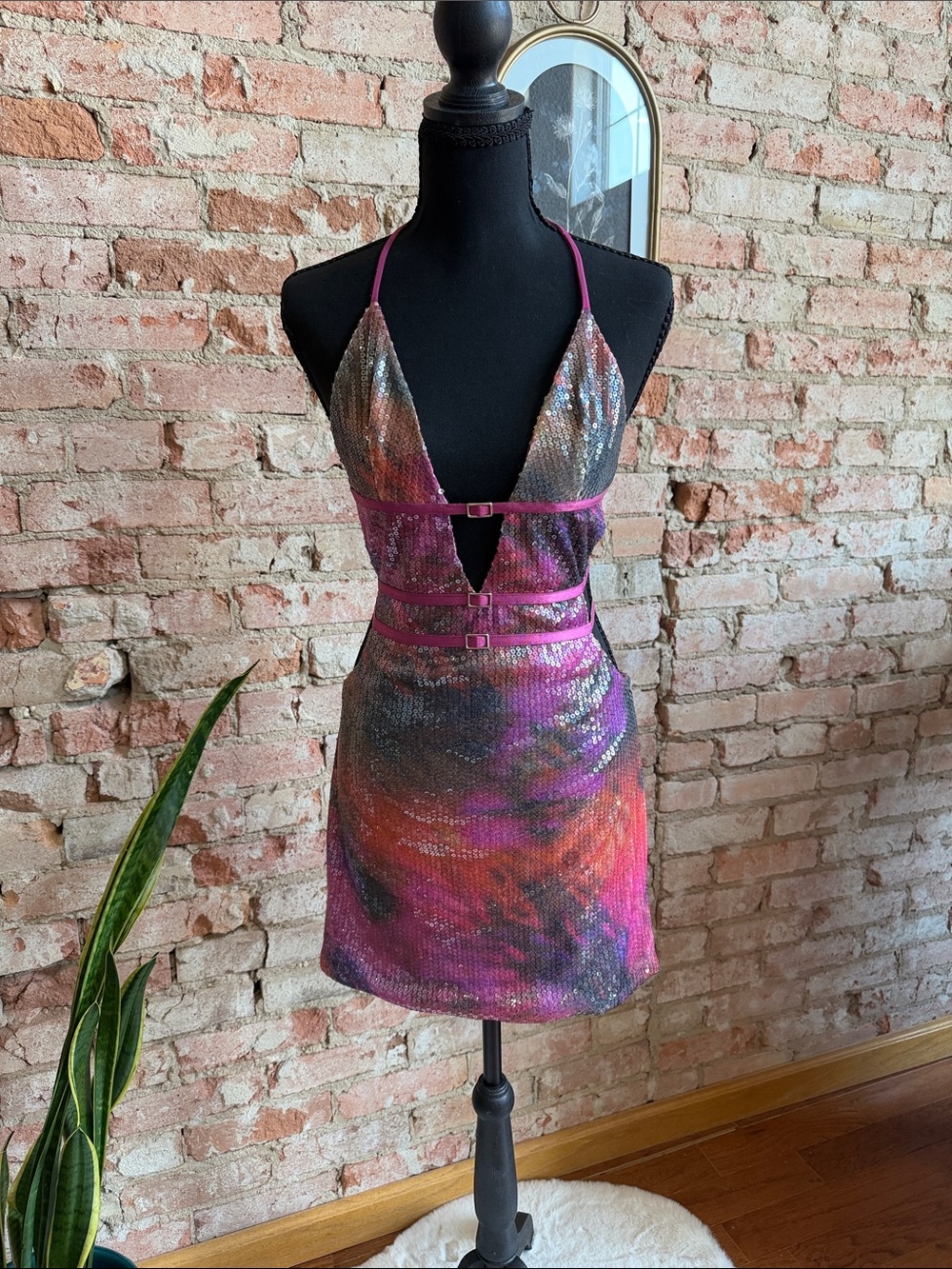 Sequin Halter Mini Dress in Multicolor Pink
